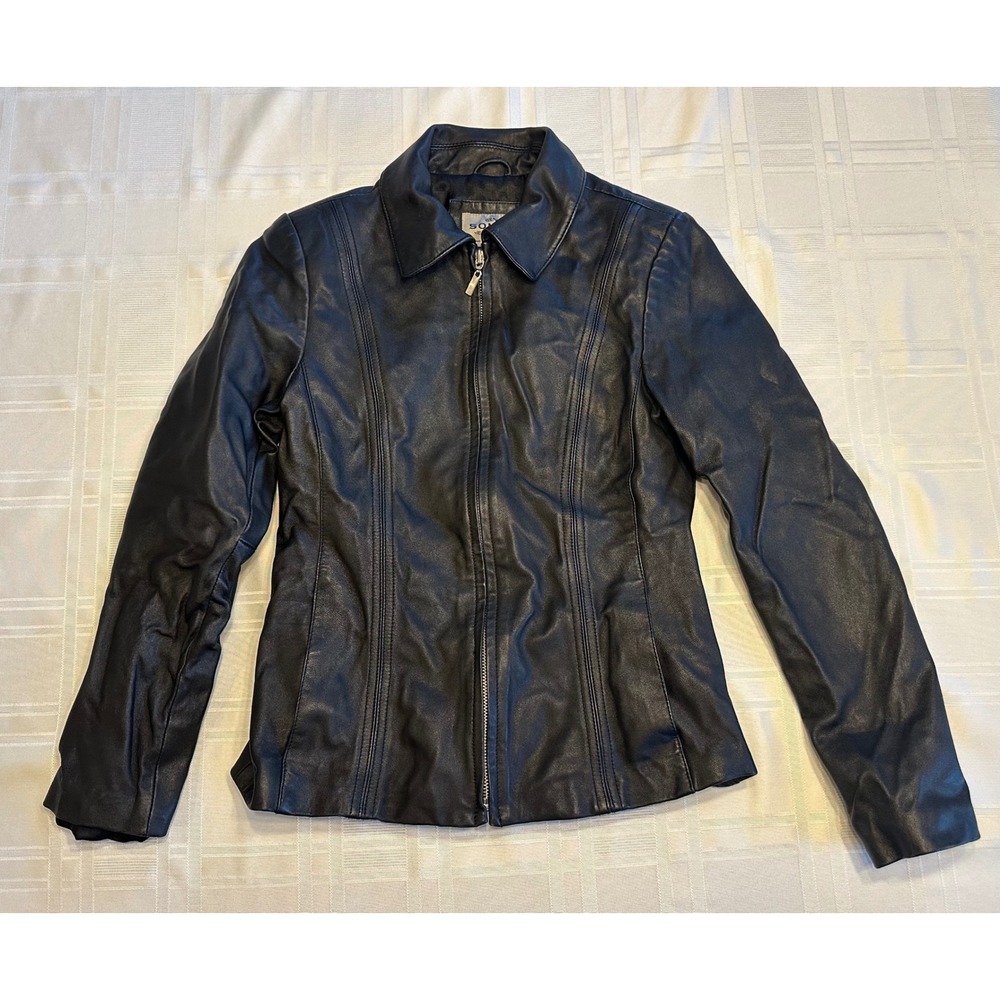 Sonoma Leather Jacket Women S Black Lambskin Zip Up Collared Moto Coat Biker